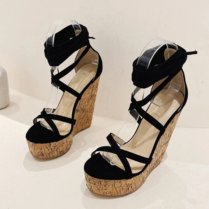 Liyke Sommer mode Schnrung Keile Sandalen fr Frauen gemtliche Holz Thinck Bottom Open Toe Plattform High Heels Damenschuhe schwarz Sandals Sorel