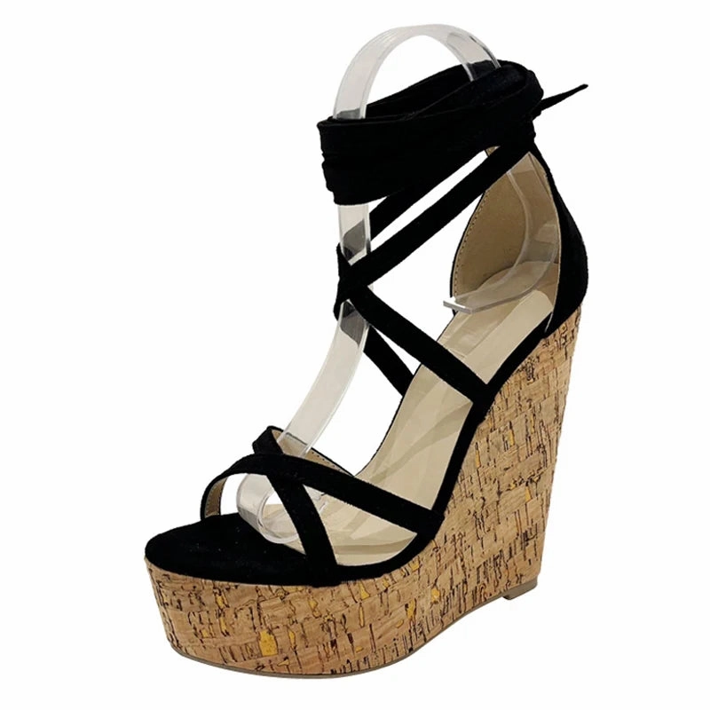 Liyke Sommer mode Schnrung Keile Sandalen fr Frauen gemtliche Holz Thinck Bottom Open Toe Plattform High Heels Damenschuhe schwarz Resort All Inclusive