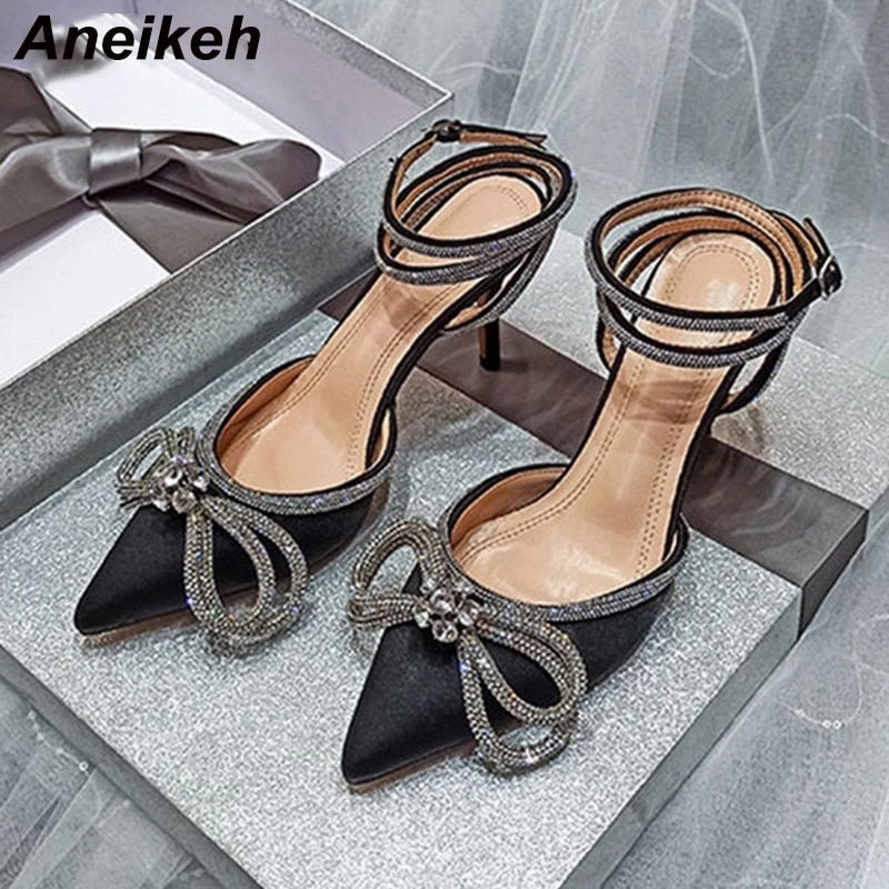 Aneikeh Spring/Autumn 2023 Women's Shoes Fashion Butterfly-Knot Narrow Band Bling Patchwork Cross-Tied Crystal Pointed Toe Pumps Chunky Knee High Heel Boots