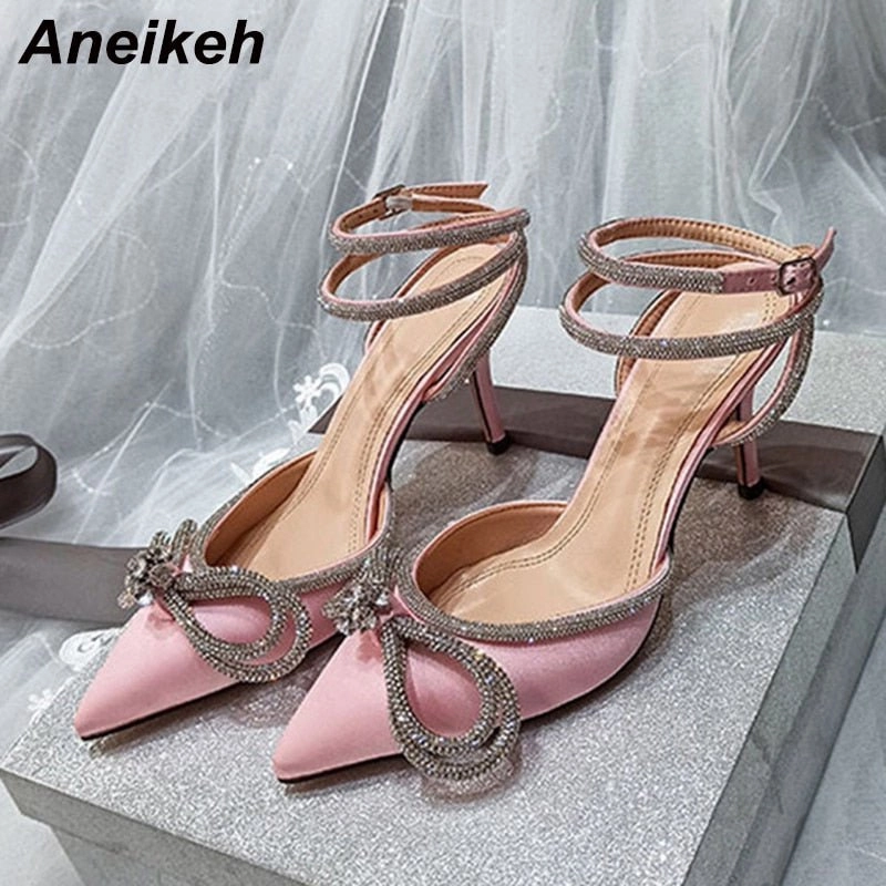 High Heels Slippers Aneikeh Spring/Autumn 2023 Women's Shoes Fashion Butterfly-Knot Narrow Band Bling Patchwork Cross-Tied Crystal Pointed Toe Pumps