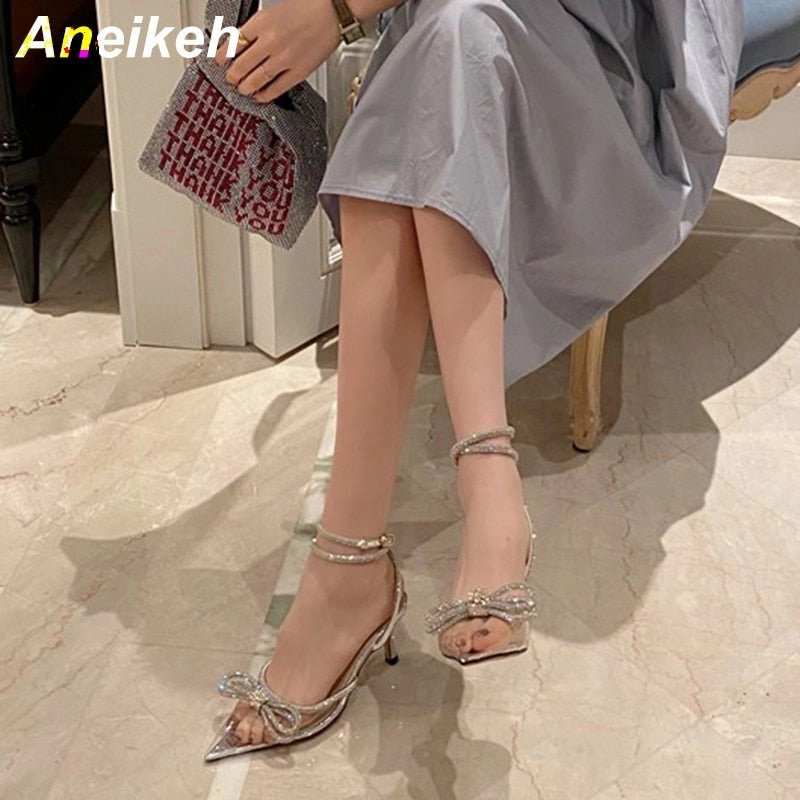 Feet In Aneikeh Spring/Autumn 2023 Women's Shoes Fashion Butterfly-Knot Narrow Band Bling Patchwork Cross-Tied Crystal Pointed Toe Pumps