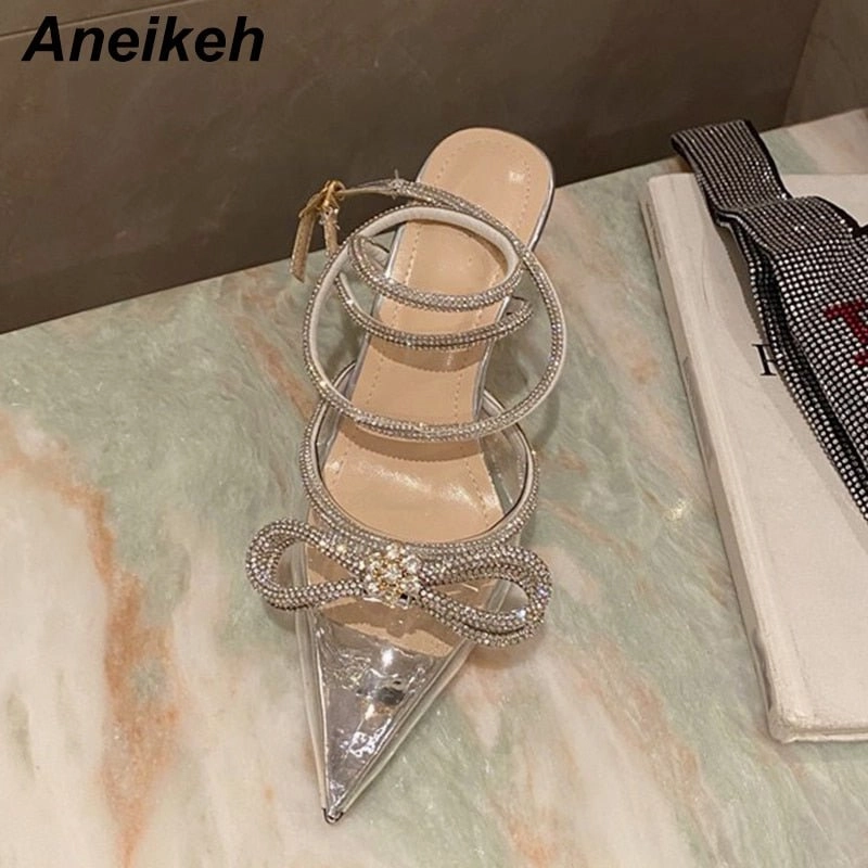 Bridal High Heels Aneikeh Spring/Autumn 2023 Women's Shoes Fashion Butterfly-Knot Narrow Band Bling Patchwork Cross-Tied Crystal Pointed Toe Pumps