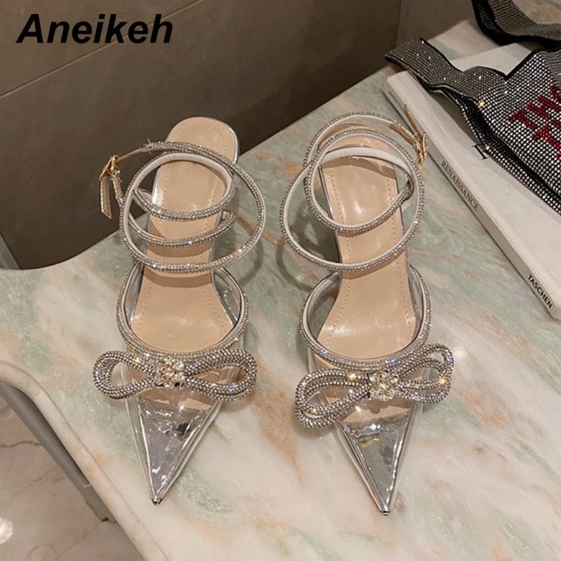 High Heels Party Down Under Aneikeh Spring/Autumn 2023 Women's Shoes Fashion Butterfly-Knot Narrow Band Bling Patchwork Cross-Tied Crystal Pointed Toe Pumps