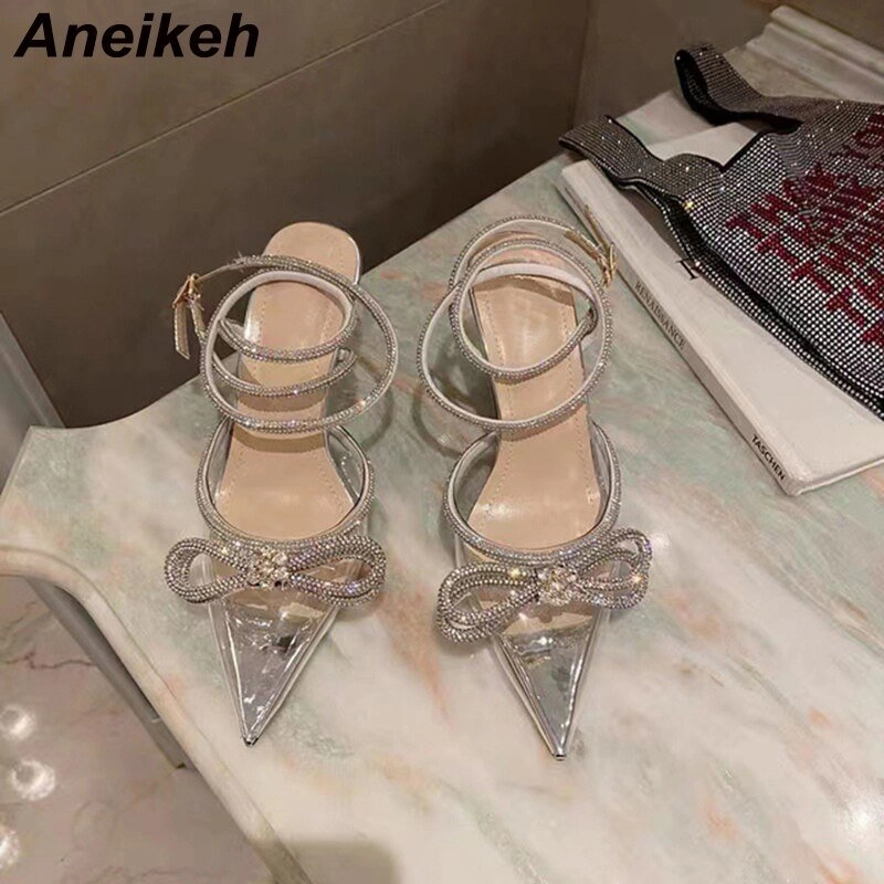 Socks High Heels Aneikeh Spring/Autumn 2023 Women's Shoes Fashion Butterfly-Knot Narrow Band Bling Patchwork Cross-Tied Crystal Pointed Toe Pumps
