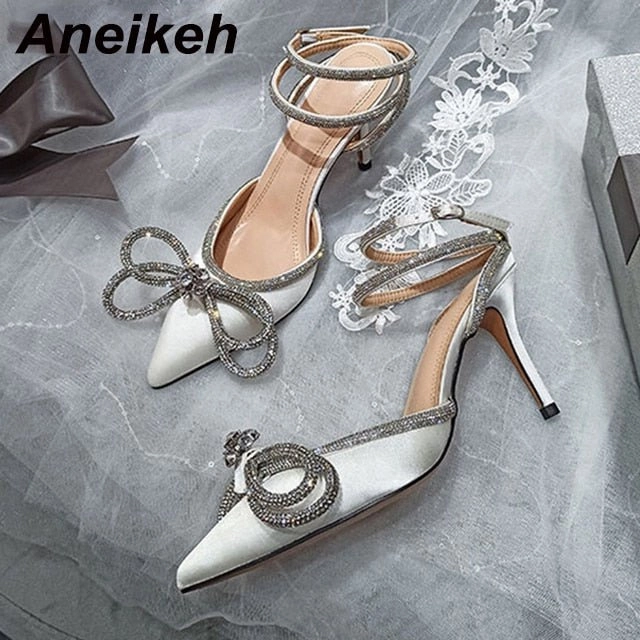 Aneikeh Spring/Autumn 2023 Women's Shoes Fashion Butterfly-Knot Narrow Band Bling Patchwork Cross-Tied Crystal Pointed Toe Pumps Knee High Boots No