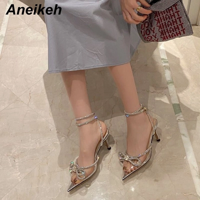 Aneikeh Spring/Autumn 2023 Women's Shoes Fashion Butterfly-Knot Narrow Band Bling Patchwork Cross-Tied Crystal Pointed Toe Pumps High Heel Crocs Price