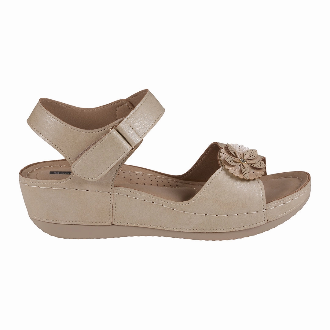 Maxwell Gold Flower Velcro Slingback Wedge Sandals Sandals Closed Toe