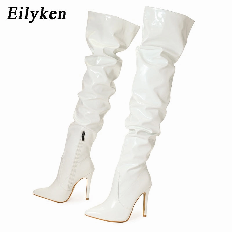 Light Weight Hiking Boots Pleated Patent Leather Motorcycle Over The Knee Boots