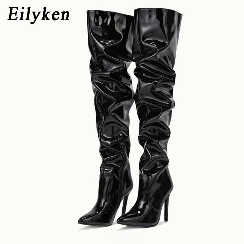 Winter Waterproof Boots Pleated Patent Leather Motorcycle Over The Knee Boots