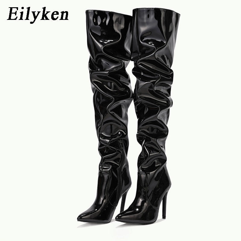 Combat Boots Fashion Pleated Patent Leather Motorcycle Over The Knee Boots