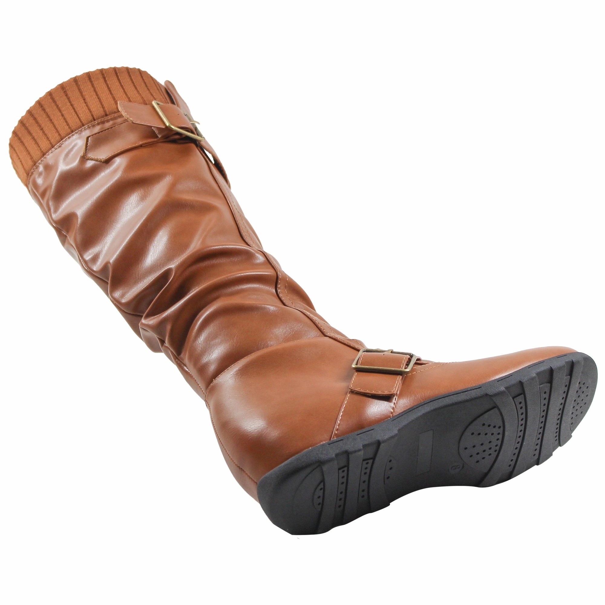 SOBEYO Women's Boots Ruched Knit Cuff Double Straps Buckles Tan Leather Runfalcon 5 Running Shoes