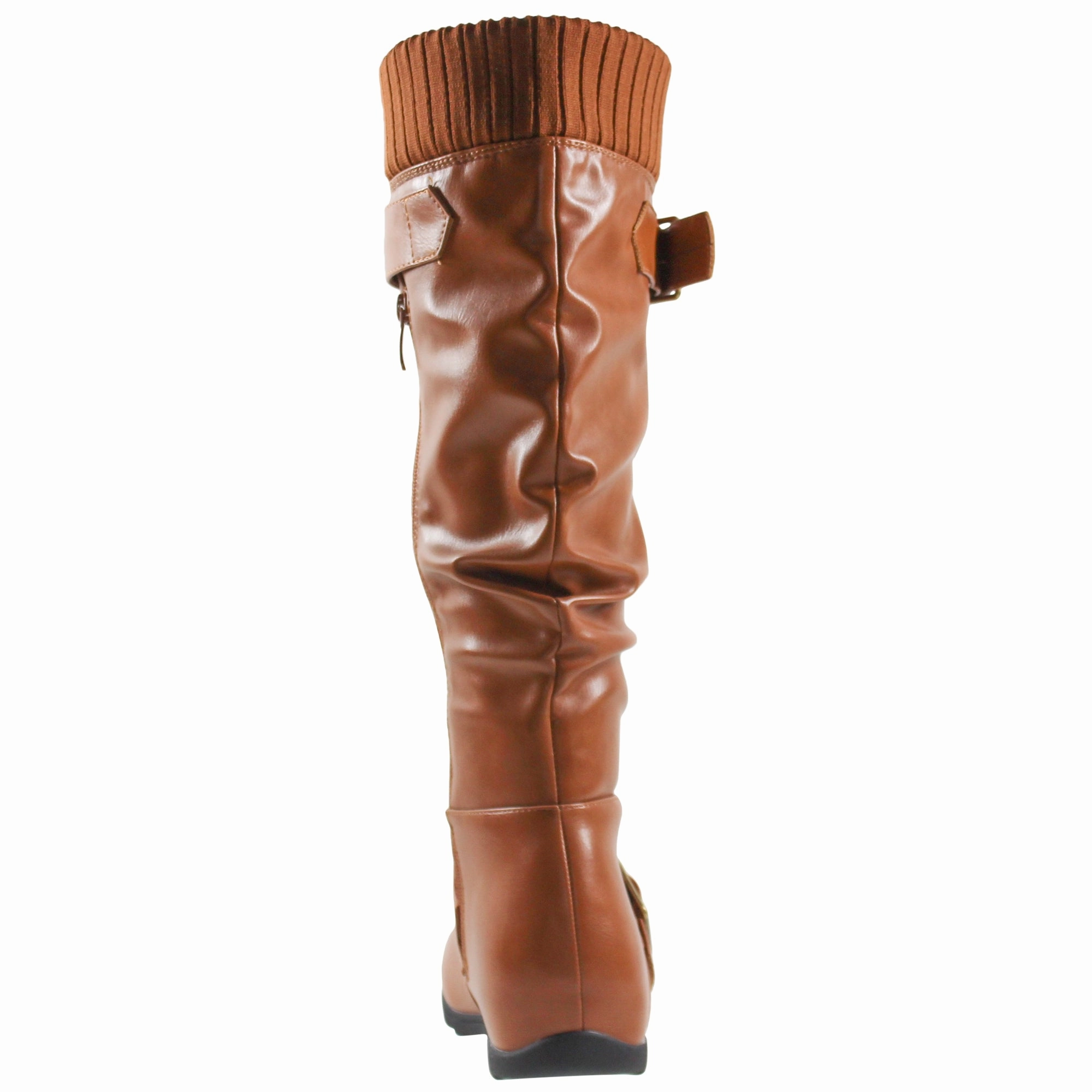 SOBEYO Women's Boots Ruched Knit Cuff Double Straps Buckles Tan Leather New Run Shoes