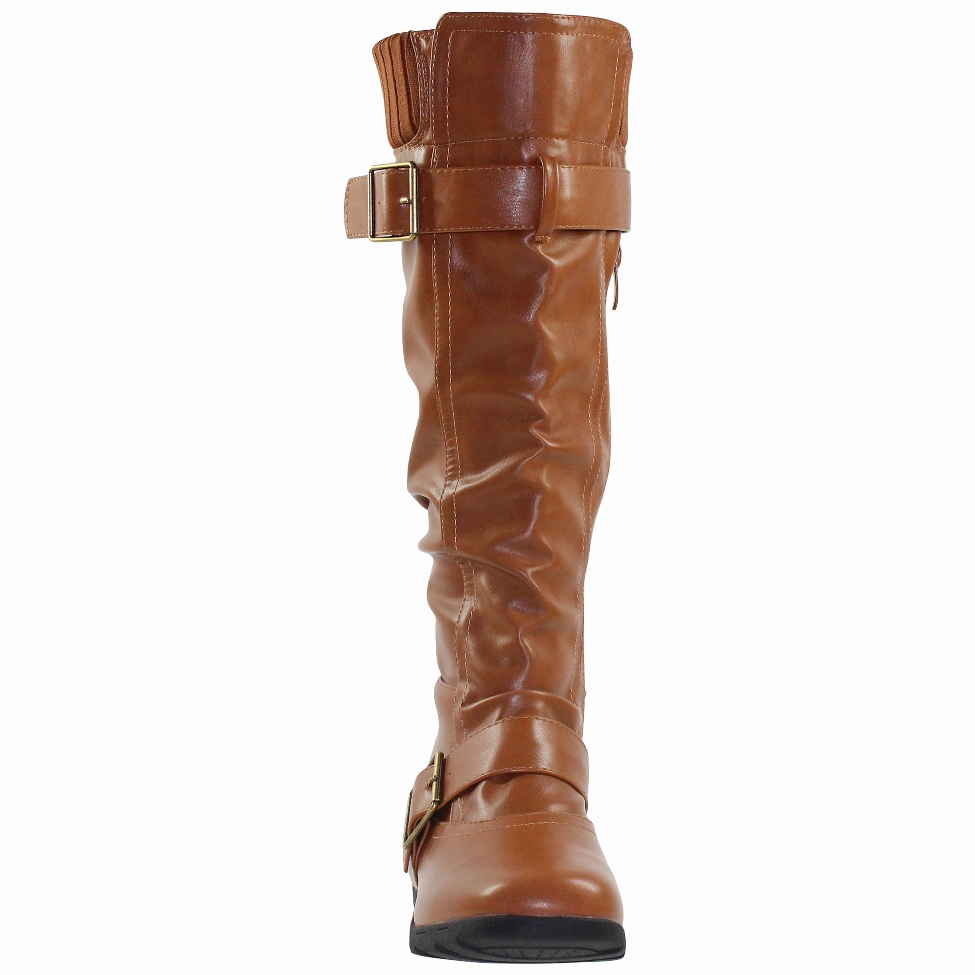 Running Shoe Clearance SOBEYO Women's Boots Ruched Knit Cuff Double Straps Buckles Tan Leather