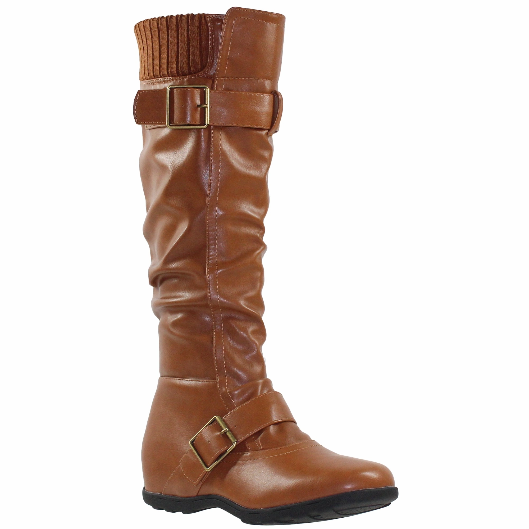 Running Shoes Locations SOBEYO Women's Boots Ruched Knit Cuff Double Straps Buckles Tan Leather