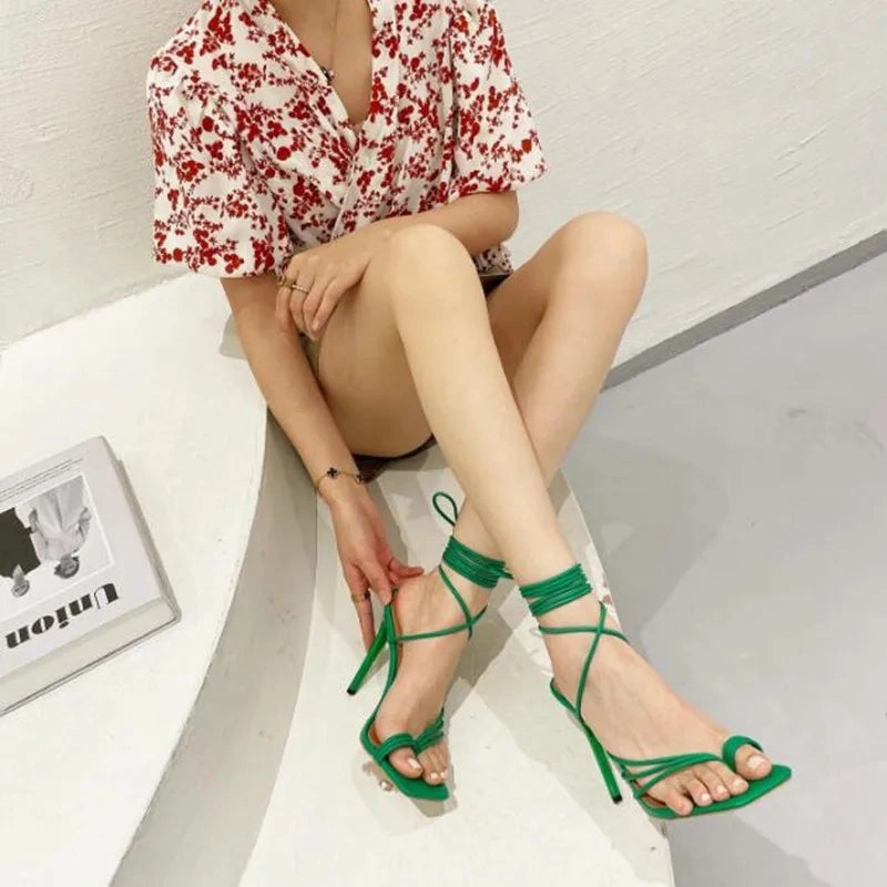 binfenxie  -  New Summer Women Sandals Thin Heels Ankle Strappy Square Toe  Stiletto Ladies Narrow Band Flip-Flop Sandals Party Shoes Size 41 Sandals St Thomas