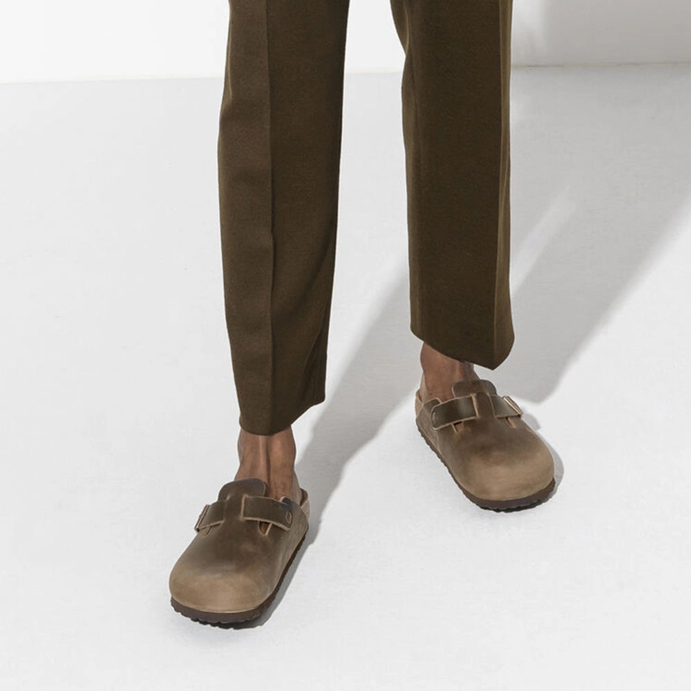 Birkenstock Boston Oiled Leather in Tobacco Brown Mouse With Clogs On Song