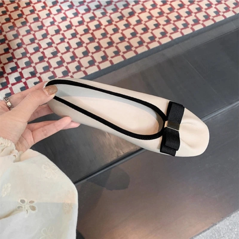 DAIIIBABYYY   -   leather soft sole bow flat ballet shoes for women French evening style shallow mouth single shoes ladle shoe Flat Elegant Shoes