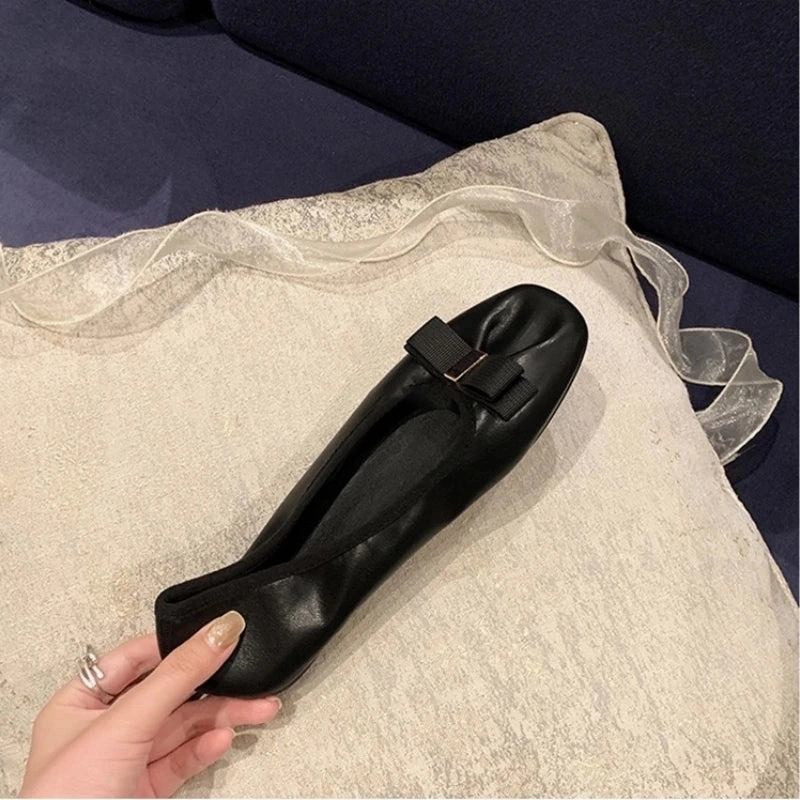 Clarks Flat Shoes DAIIIBABYYY   -   leather soft sole bow flat ballet shoes for women French evening style shallow mouth single shoes ladle shoe