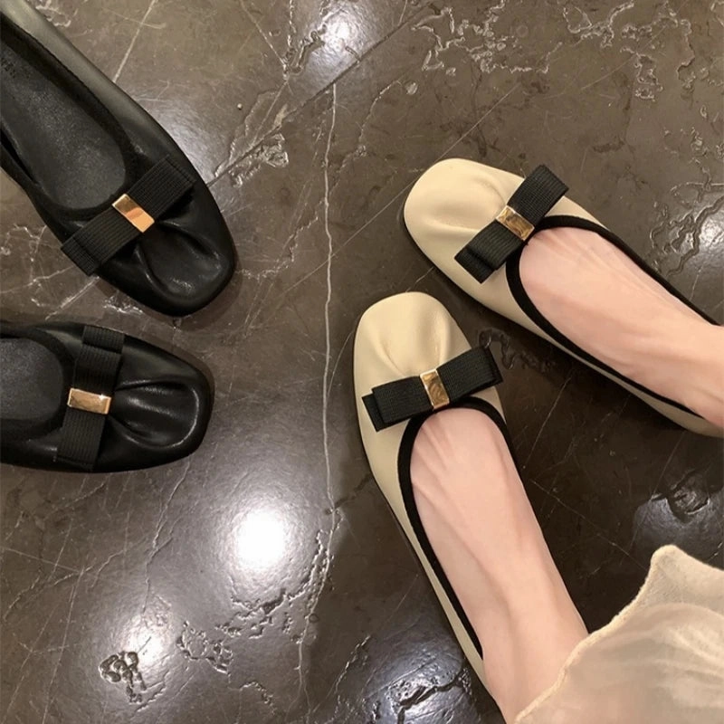 DAIIIBABYYY   -   leather soft sole bow flat ballet shoes for women French evening style shallow mouth single shoes ladle shoe Flat Slingback Shoes Flats