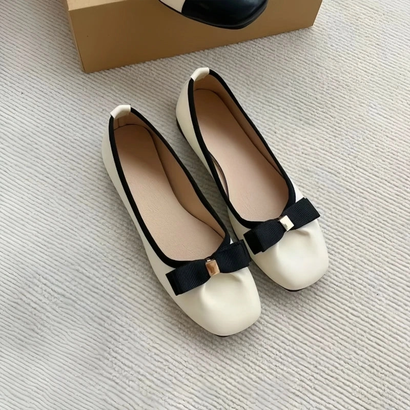 DAIIIBABYYY   -   leather soft sole bow flat ballet shoes for women French evening style shallow mouth single shoes ladle shoe Best Flat Climbing Shoes
