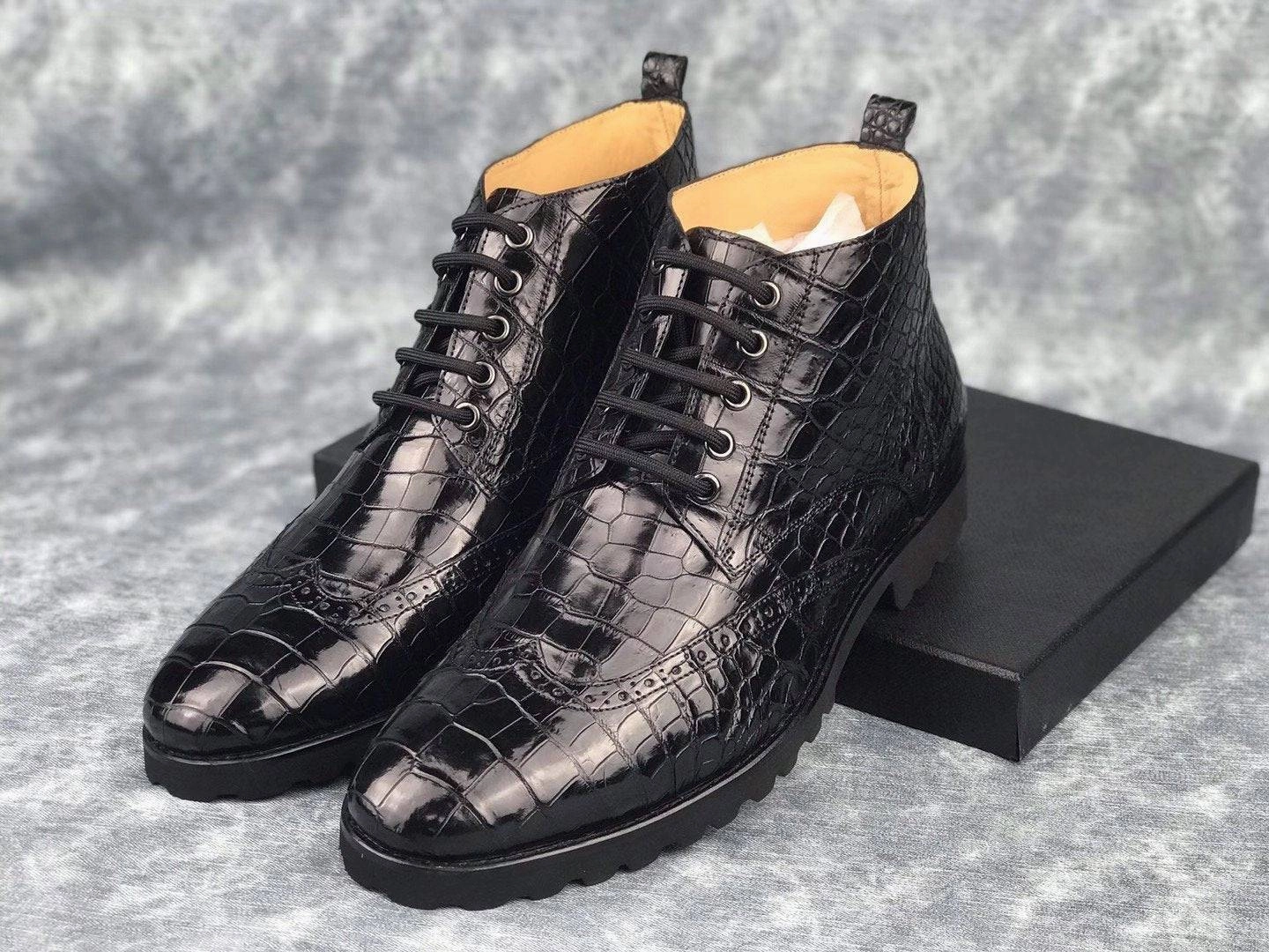 Fringe On Boots Crocodile Shoes Mens Lace up Boots, Mens Genuine Crocodile Skin Leather Boots,Mens Boots