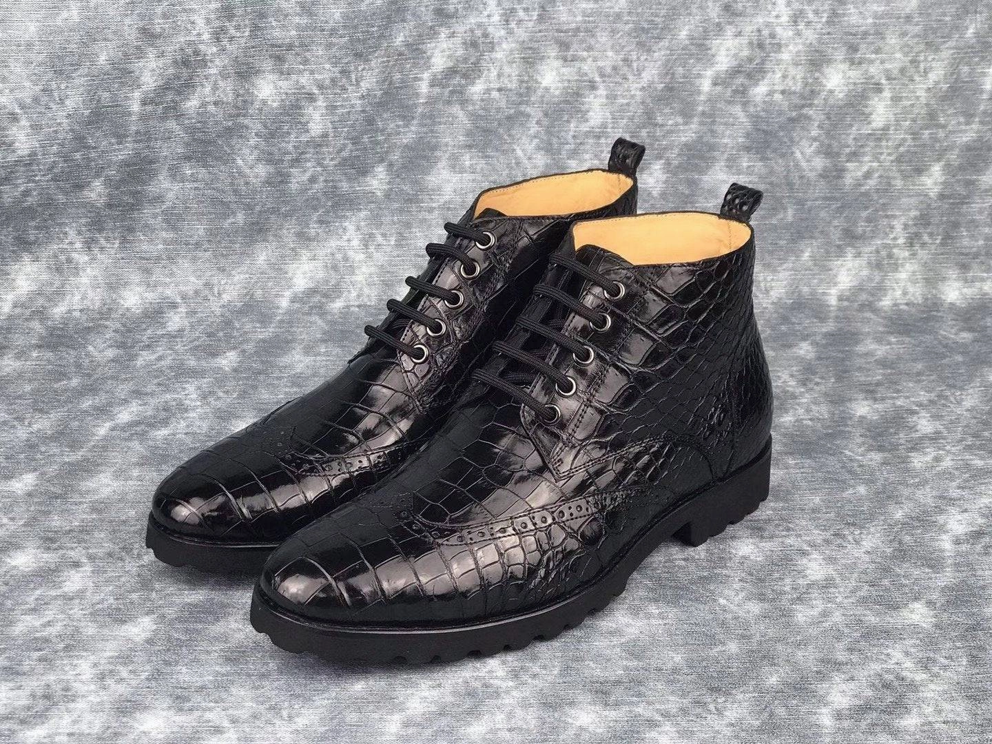 Barefoot Hiking Boots Crocodile Shoes Mens Lace up Boots, Mens Genuine Crocodile Skin Leather Boots,Mens Boots