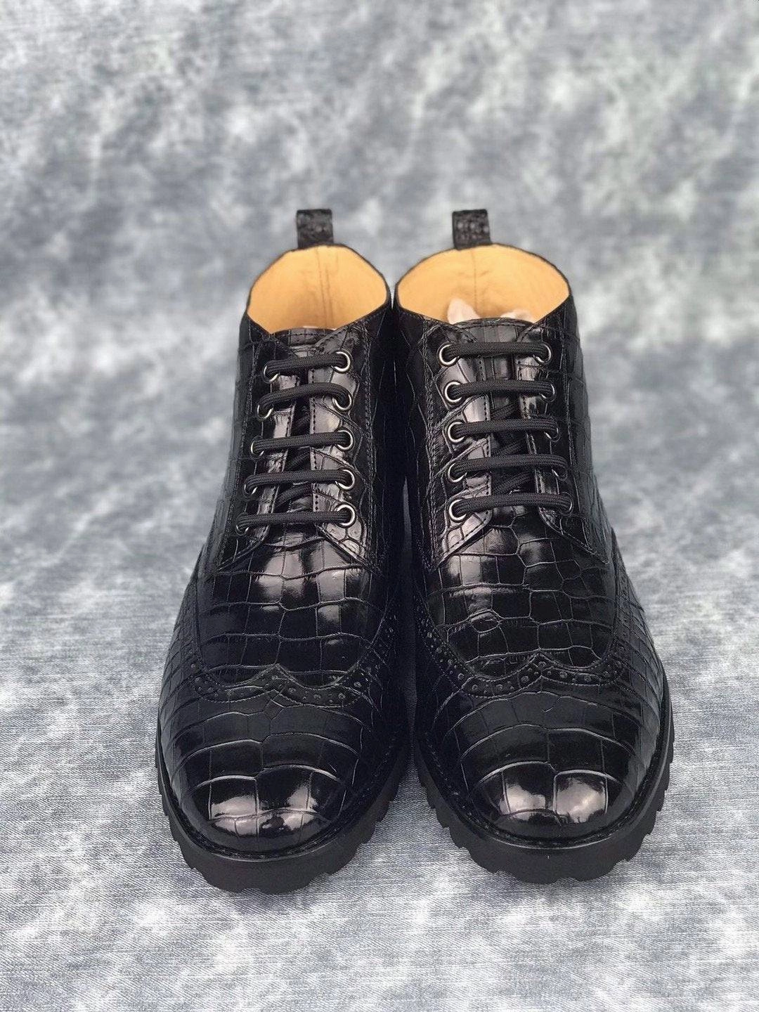 Crocodile Shoes Mens Lace up Boots, Mens Genuine Crocodile Skin Leather Boots,Mens Boots Knee High Boots Outfit Ideas