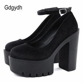 Original Gdgydh Spring Autumn Sexy Platform Women Pumps Shoes Woman Thick High Heels Shoes Female Black Rubber Sole Suede Platform Shoes Casual Double Monk Strap Shoes
