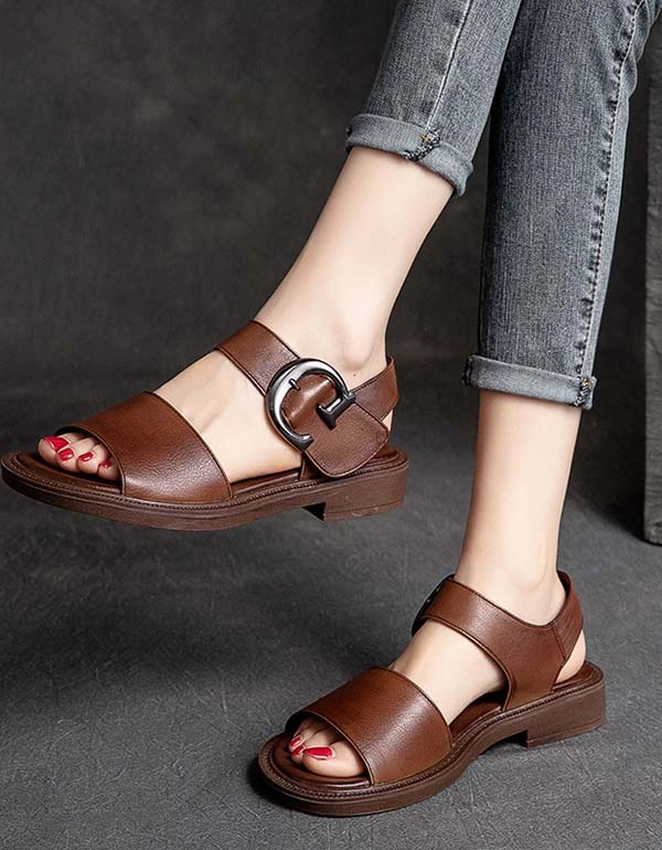 That Support Flat Feet Big Buckle Retro Leather Wide Toe Box Sandals