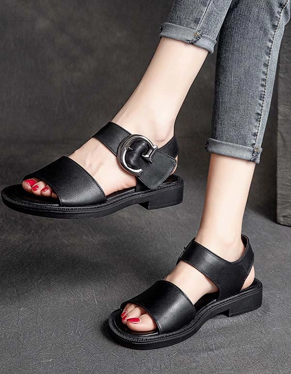 Big Buckle Retro Leather Wide Toe Box Sandals Gym Shoes Flat