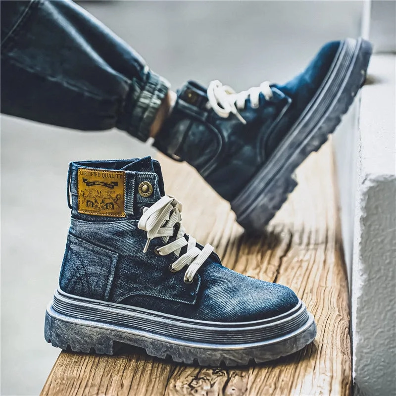 Amozae-Retro Black Western Cowboy Boots Man Autumn Trend Canvas Men's Ankle Boots Comfy Thick-soled Tooling Boots Men botas de hombre Best Shoes For Flat Pronated Feet