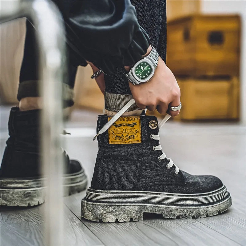 Flat Baluster Shoe Amozae-Retro Black Western Cowboy Boots Man Autumn Trend Canvas Men's Ankle Boots Comfy Thick-soled Tooling Boots Men botas de hombre