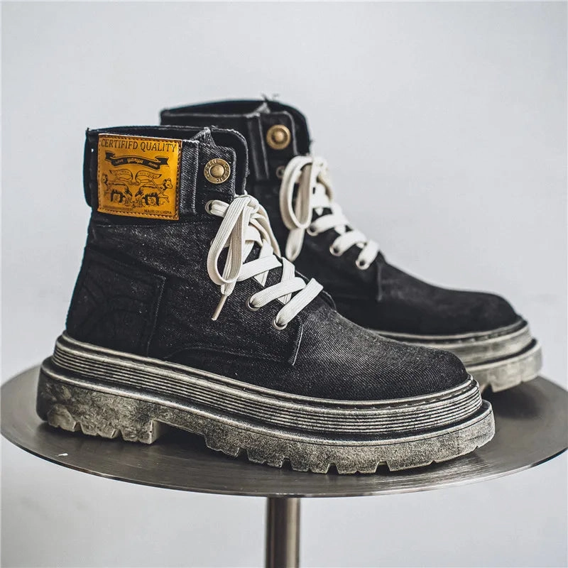 Beige Shoes Amozae-Retro Black Western Cowboy Boots Man Autumn Trend Canvas Men's Ankle Boots Comfy Thick-soled Tooling Boots Men botas de hombre