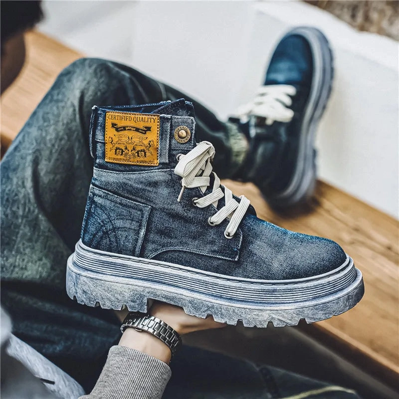 Amozae-Retro Black Western Cowboy Boots Man Autumn Trend Canvas Men's Ankle Boots Comfy Thick-soled Tooling Boots Men botas de hombre Shoe Sale Flats