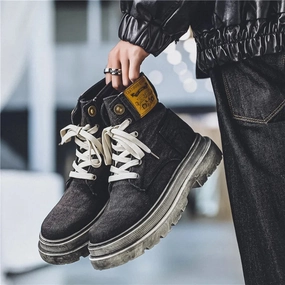 Amozae-Retro Black Western Cowboy Boots Man Autumn Trend Canvas Men's Ankle Boots Comfy Thick-soled Tooling Boots Men botas de hombre Dressy Flat Shoes Wide Width