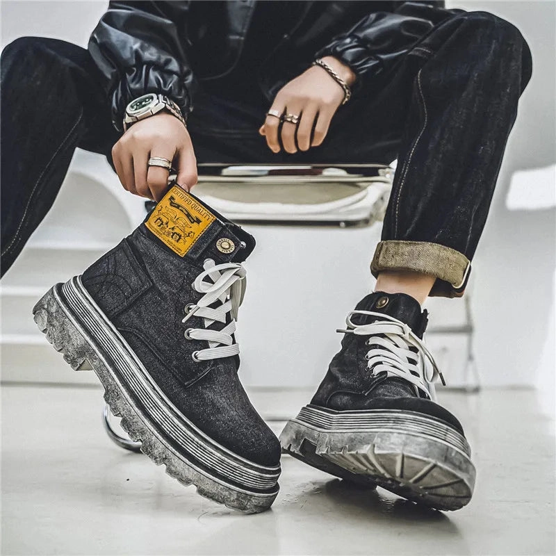 Flat Shoes With Wide Toe Box Amozae-Retro Black Western Cowboy Boots Man Autumn Trend Canvas Men's Ankle Boots Comfy Thick-soled Tooling Boots Men botas de hombre