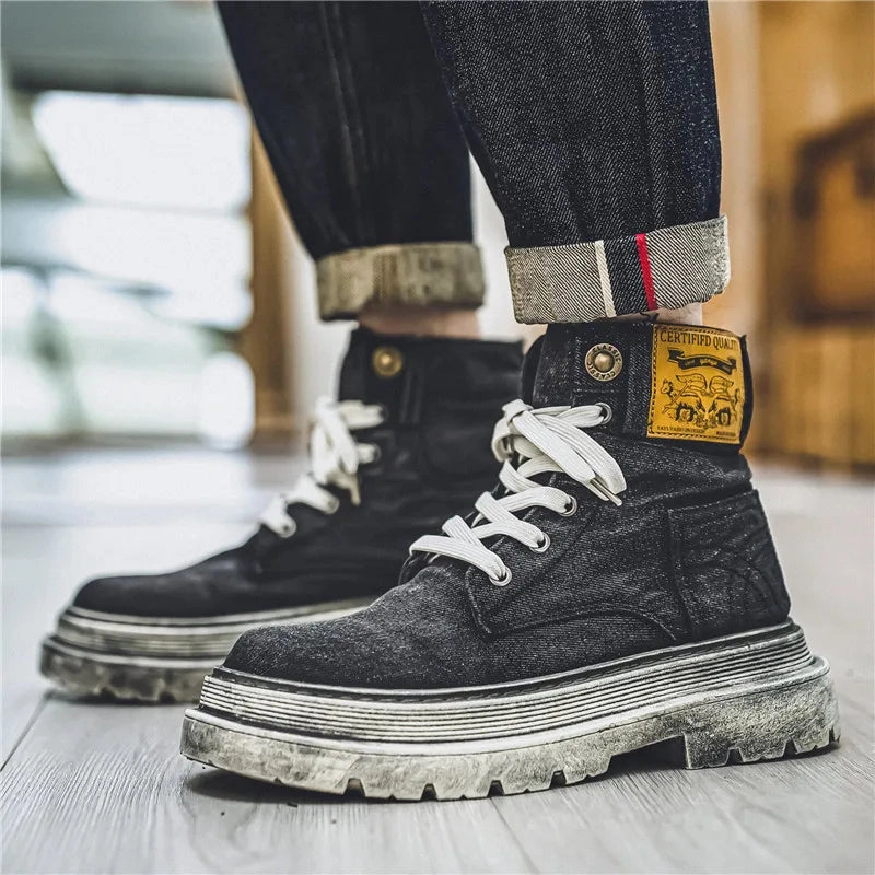 Best Running Shoes For Flat Feet With Wide Toe Box Amozae-Retro Black Western Cowboy Boots Man Autumn Trend Canvas Men's Ankle Boots Comfy Thick-soled Tooling Boots Men botas de hombre