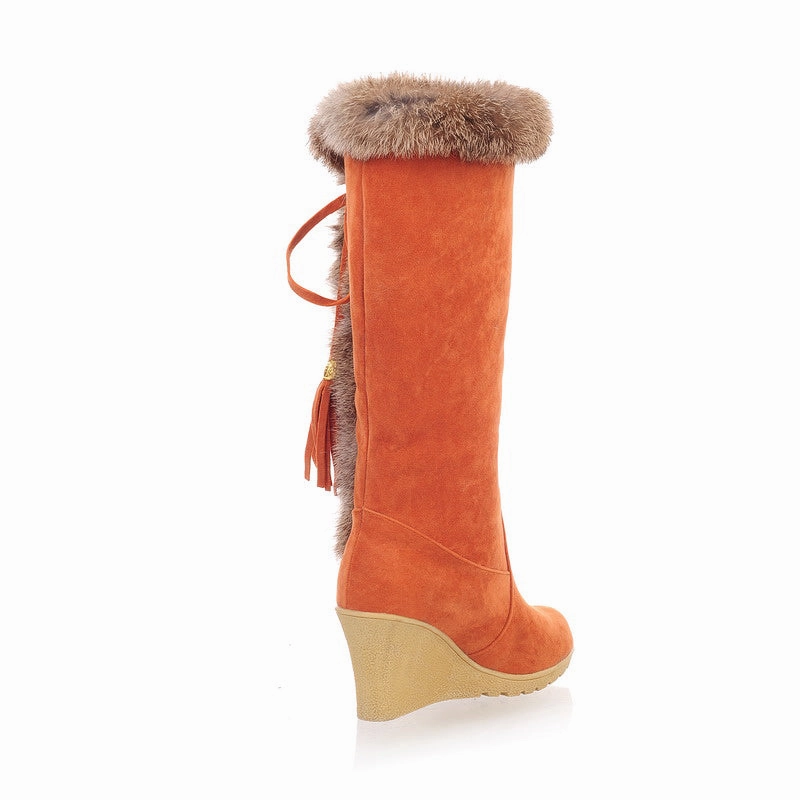 Brown Square Toe Boots Studded Fur Tall Boots Platform Shoes for Women 8923