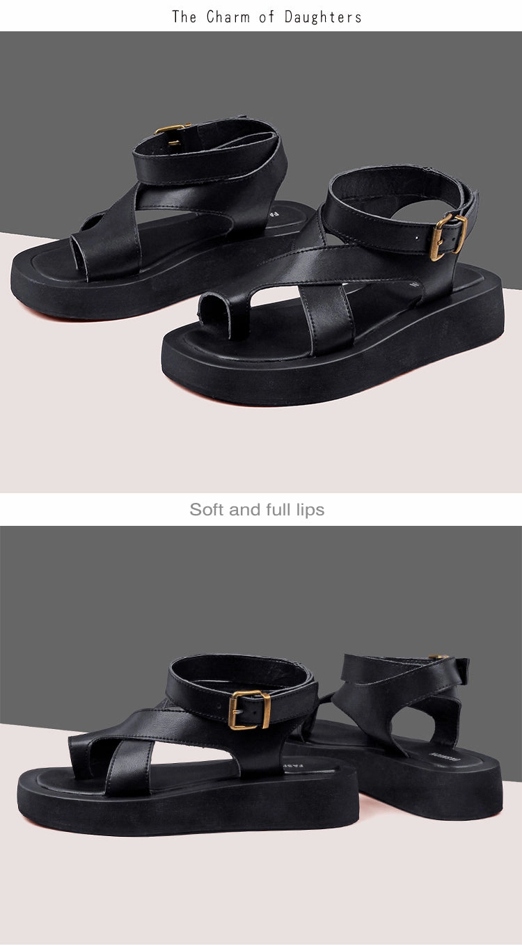 Voguable  Sandals Women Genuine Leather  Summer New Clip Toe Sandals Ladies Roman Women Shoes Muffin Sandals Sandals Popular