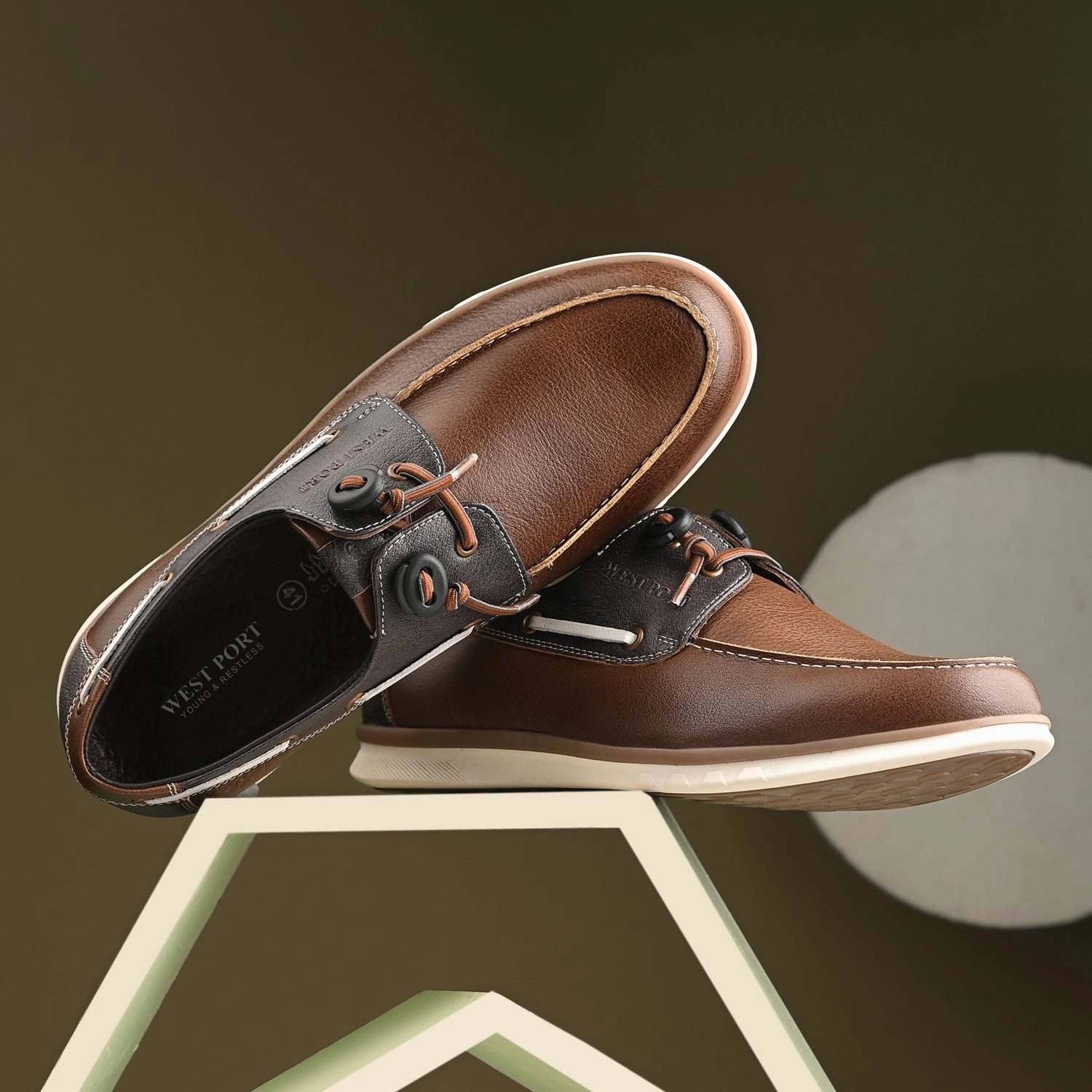 West Port Men Premium Leather Boat Shoes (Danial-66-Tan-Grey) Casual Shoes Pants