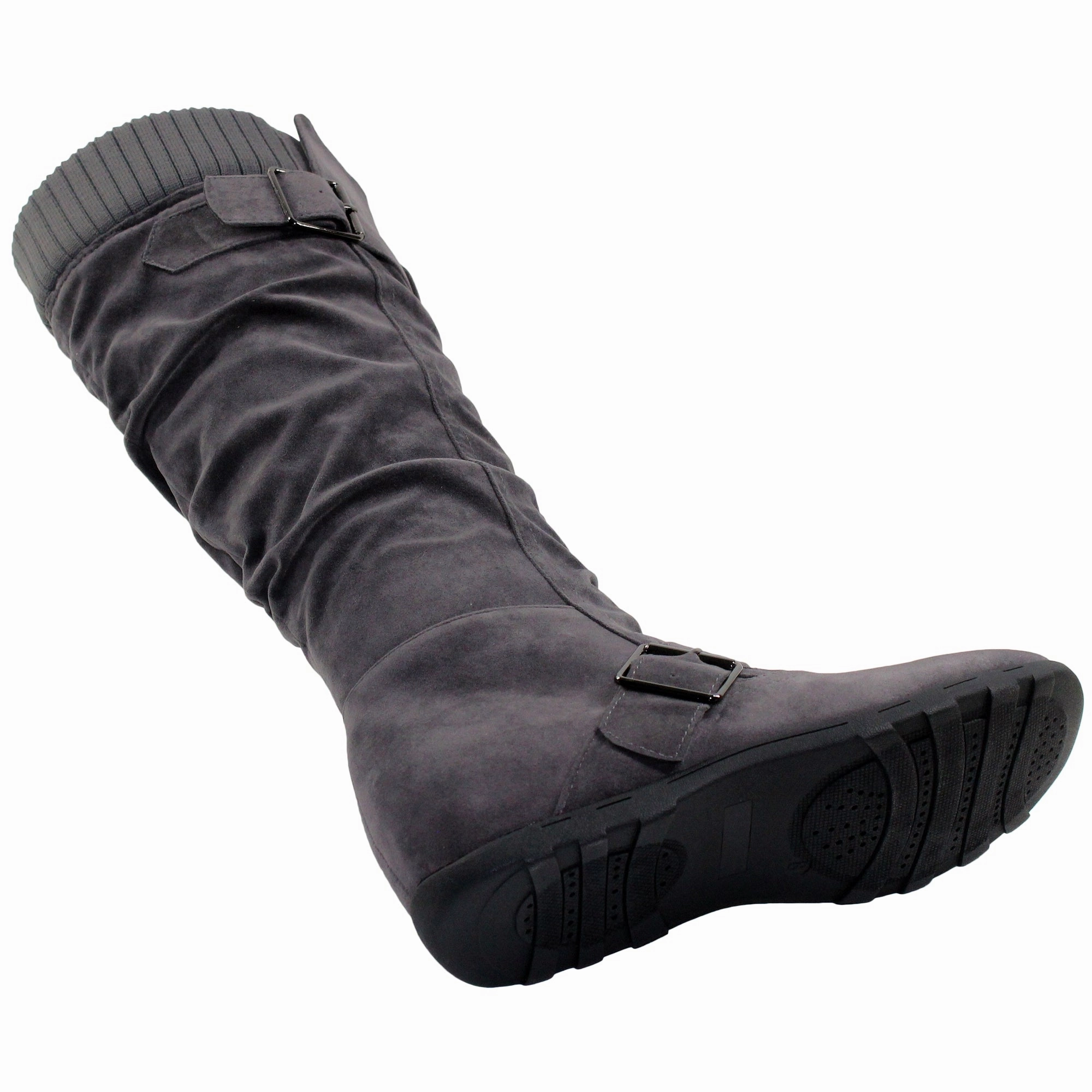 SOBEYO Women's Boots Ruched Knit Cuff Double Straps Buckles Gray Suede Running Shoes With Strong Arch Support