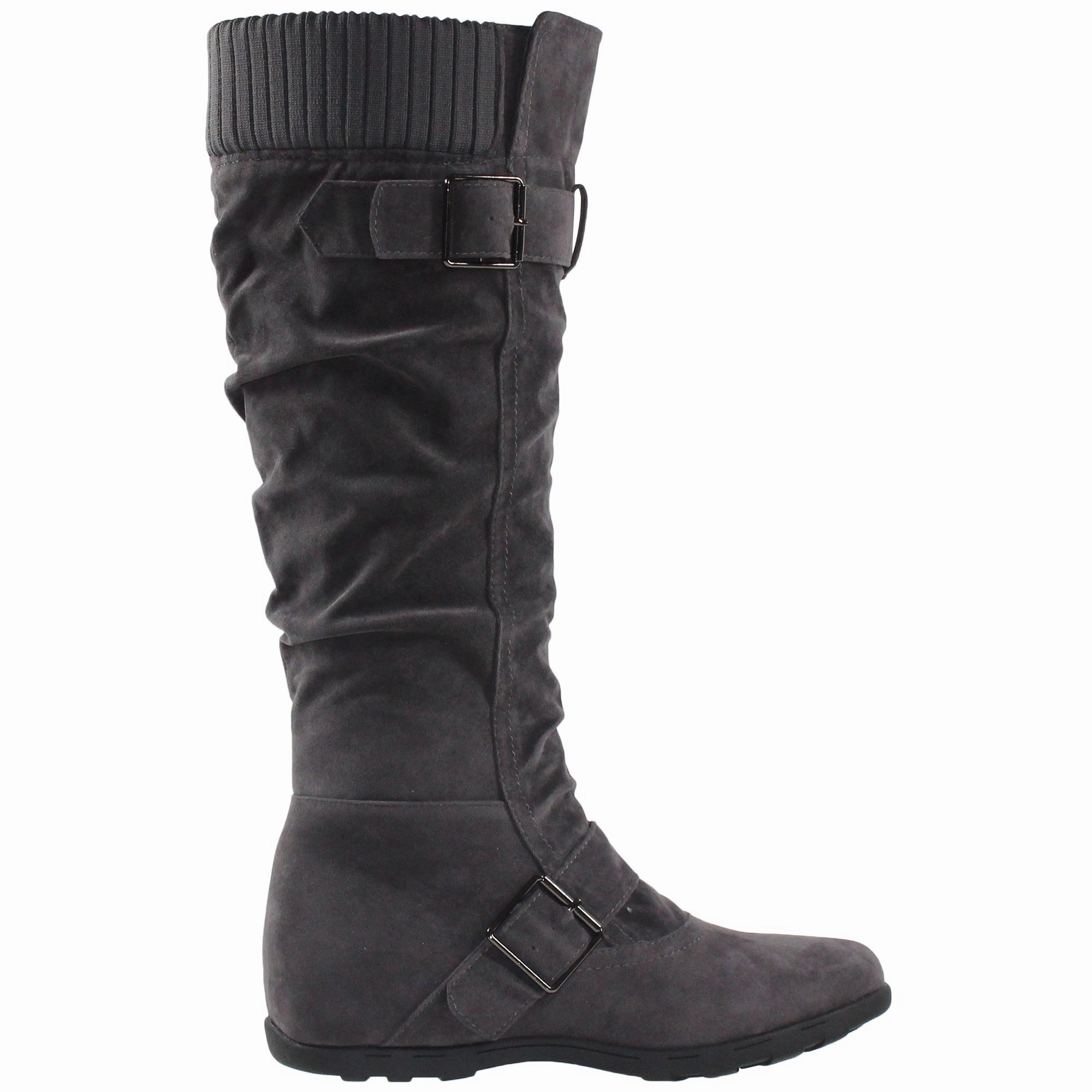 Running Shoes Vs Walking SOBEYO Women's Boots Ruched Knit Cuff Double Straps Buckles Gray Suede