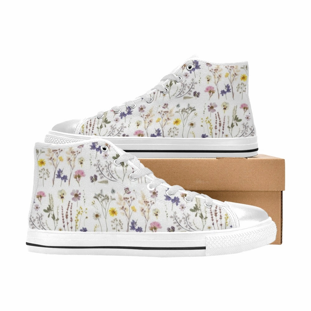 Best Home Shoes Flat Feet Wildflowers White High Top Canvas Women's Shoes