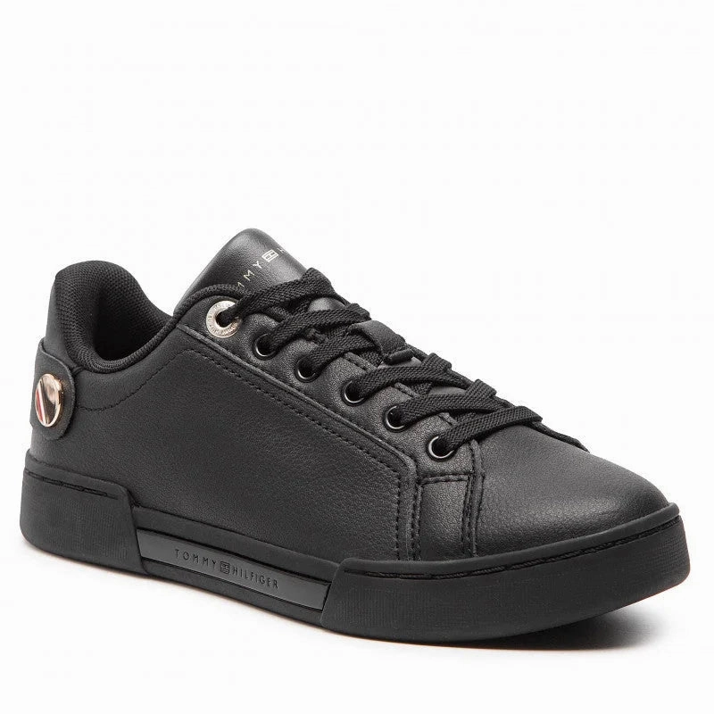 Tommy Hilfiger Button Detail Court Sneaker Women - BLK Leather Slip On Sneakers