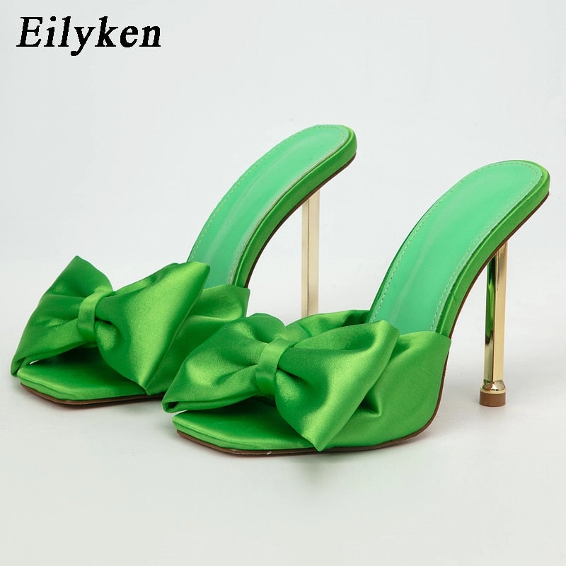 Oscar The Grouch Slippers Amozae 2022 New Arrival Silk Butterfly-knot high heels Women Slippers Sandals Square toe Mule Slippers Slides Party shoes