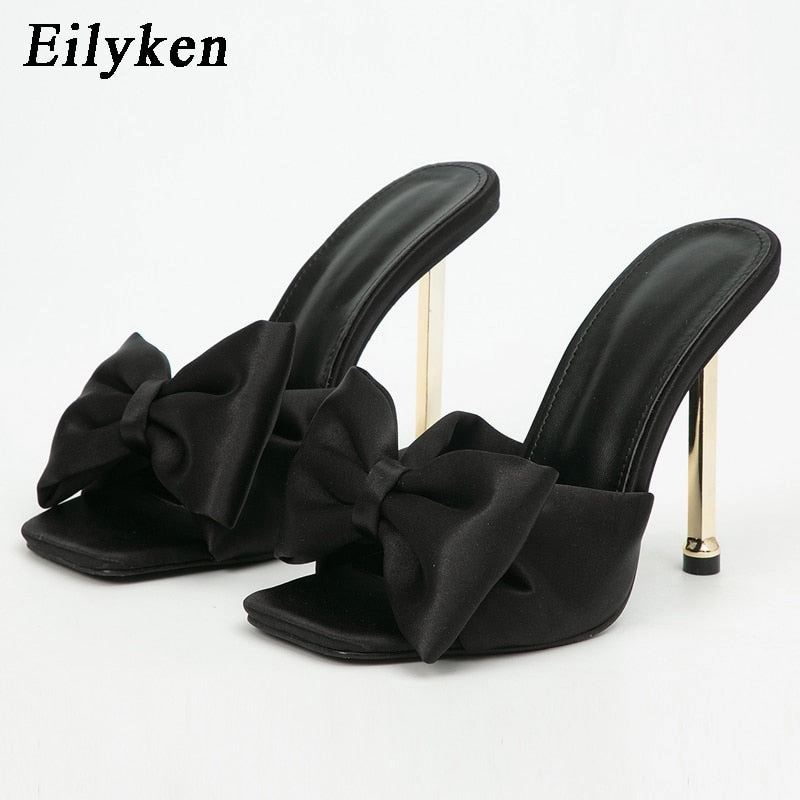 Comfortable  Slides For Walking Amozae 2022 New Arrival Silk Butterfly-knot high heels Women Slippers Sandals Square toe Mule Slippers Slides Party shoes