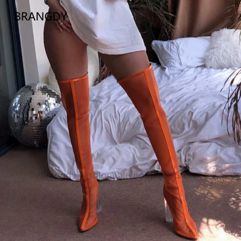 2021 Summer Neon Green Women Over The Knee Boots Pointed Toe Mesh Thigh High Botas Night Party Female Banquet Boots Mujer High Heels Chunky