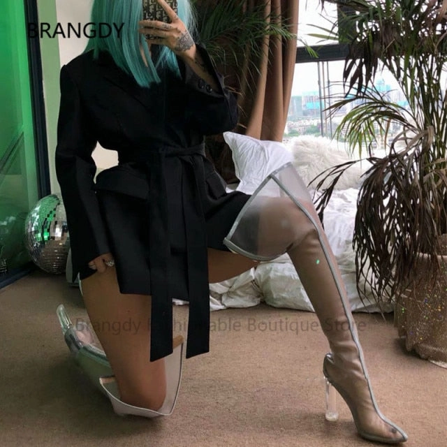 2021 Summer Neon Green Women Over The Knee Boots Pointed Toe Mesh Thigh High Botas Night Party Female Banquet Boots Mujer Backward High Heels