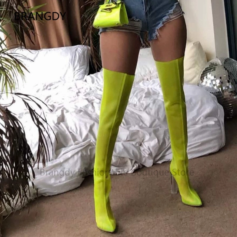 2021 Summer Neon Green Women Over The Knee Boots Pointed Toe Mesh Thigh High Botas Night Party Female Banquet Boots Mujer Masturbating In High Heels