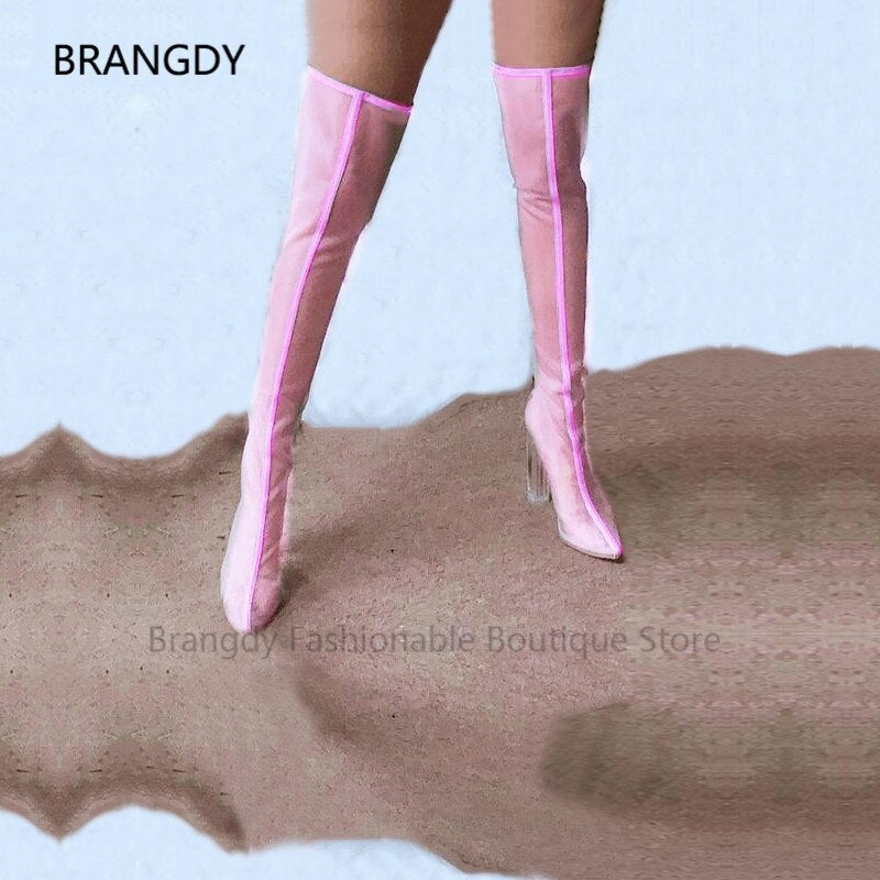 Ugg High Heels 2021 Summer Neon Green Women Over The Knee Boots Pointed Toe Mesh Thigh High Botas Night Party Female Banquet Boots Mujer